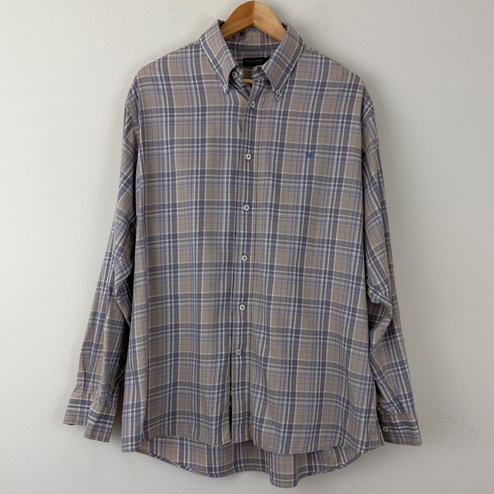 Southern Marsh Mens XXL Plaid Button Down Shirt Tan Blue Long Sleeve